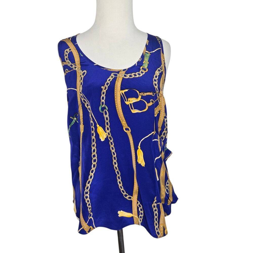 Gemma Women Silk Equestrian Tank Blouse Heritage Old Money Stirrups Blue Small